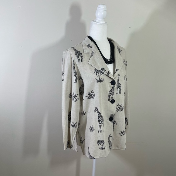 Michael Taylor sz med blazer lightweight rayon/linen blend natural / black print - Picture 3 of 12